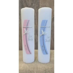 Taufkerze 25x6 mit silberner Schrift in zwei Farben