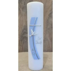 Taufkerze 25x6 mit silberner Schrift in zwei Farben