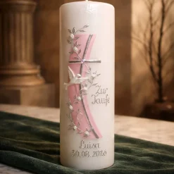 Taufkerze 25x6 mit silberner Schrift in zwei Farben