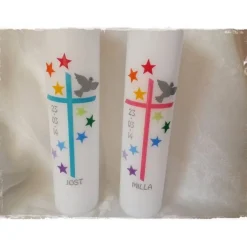 Taufkerzen für Geschwister, Zwillinge, mit Sternen, Regenbogen