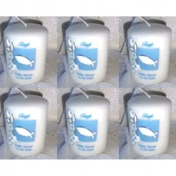 Taufkerzen-SET  * JOHN *  1 TAUFKERZE + 6x GASTGESCHENKE-KERZEN * CHRISTLICHE SYMBOLE * BLAU FÜR BUBEN *