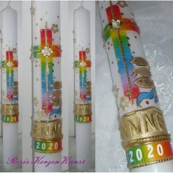 Taufkerzen-SET "Anne" * 1 TAUFKERZE + 6x GASTGESCHENKE-KERZEN * Regenbogenfarben * Mädchen * Buben *