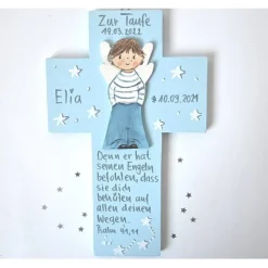 Taufkreuz 3D für Jungs – Handbemaltes Holzkreuz mit Schutzengel – Personalisiertes Patengeschenk zur Taufe