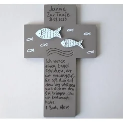 Taufkreuz Fisch 3D – Handbemaltes Holzkreuz zur Taufe, Kommunion & Geburt, einzigartiges Geschenk