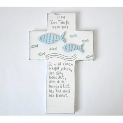 Taufkreuz Fisch 3D – Handbemaltes Holzkreuz zur Taufe, Kommunion & Geburt, einzigartiges Geschenk