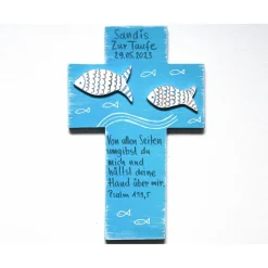 Taufkreuz Fisch 3D – Handbemaltes Holzkreuz zur Taufe, Kommunion & Geburt, einzigartiges Geschenk