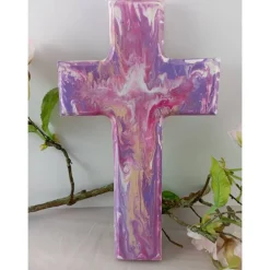 Taufkreuz Geschenk Geschenkidee Weihnachten Taufe Kommunion Geburtstag Acrylic Pouring lila rosa pink Unikat