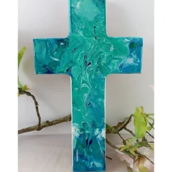 Taufkreuz Geschenk Geschenkidee Weihnachten Taufe Kommunion Geburtstag Acrylic Pouring türkis blau weiß Unikat
