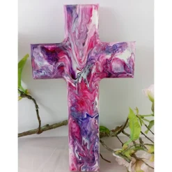 Taufkreuz Geschenk Geschenkidee Weihnachten Taufe Kommunion Geburtstag Acrylic Pouring lila rosa pink Unikat