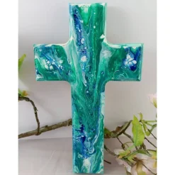 Taufkreuz Geschenk Geschenkidee Weihnachten Taufe Kommunion Geburtstag Acrylic Pouring türkis blau weiß Unikat