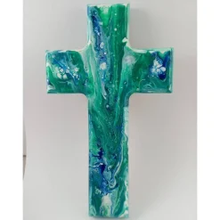 Taufkreuz Geschenk Geschenkidee Weihnachten Taufe Kommunion Geburtstag Acrylic Pouring türkis blau weiß Unikat