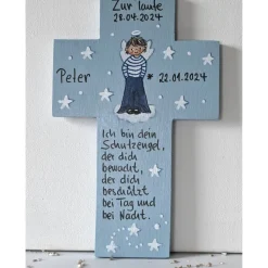 Taufkreuz Holz Jungen – Personalisiertes Kinderkreuz Schutzengelkreuz Geschenk bemalt
