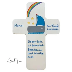 Taufkreuz Holzkreuz Kinderkreuz Segelboot  zur Taufe/Geburt/Kommunion