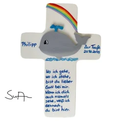 Taufkreuz Holzkreuz Kinderkreuz Wal und Regenbogen  3-D zur Taufe/Geburt/Kommunion