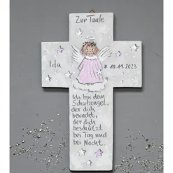 Taufkreuz Mädchen | Personalisiertes Kinderkreuz Schutzengel silbergrau-weiß | Handgemachtes Patengeschenk