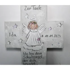 Taufkreuz Mädchen | Personalisiertes Kinderkreuz Schutzengel silbergrau-weiß | Handgemachtes Patengeschenk