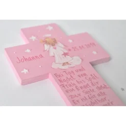 Taufkreuz Mädchen mit Name – Handbemaltes Schutzengelkreuz aus Holz | Personalisiertes Taufgeschenk
