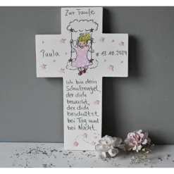 Taufkreuz Mädchen personalisiert | Handbemaltes Holzkreuz Schutzengel Geschenk Taufe Geburt