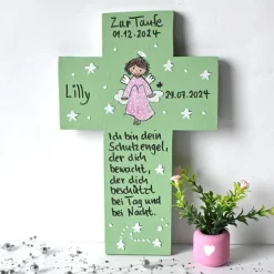 Taufkreuz Mädchen personalisiert – Handbemaltes Kinderkreuz mit Schutzengel & Wunschtext – Geschenk zur Taufe