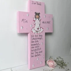 Taufkreuz Mädchen personalisiert – Geschenk Patenkind – handbemaltes Kinderkreuz mit Schutzengel und Spruch