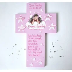 Taufkreuz Mädchen personalisiert – handbemaltes Holzkreuz als einzigartiges Taufgeschenk mit Schutzengel & Wunschtext