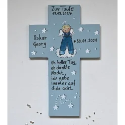 Taufkreuz personalisiert – Handbemaltes Kinderkreuz mit Taufspruch für Jungen – Einzigartiges Taufgeschenk aus Holz