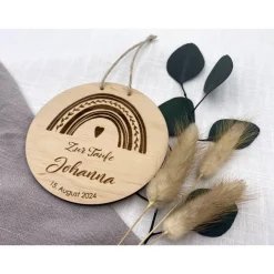 Taufschild Namensschild aus Holz mit Regenbogen , personalisiertes Geschenk zur Taufe, 100 % FSC