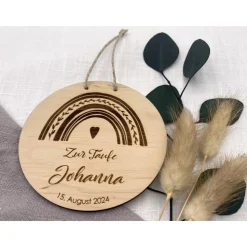 Taufschild Namensschild aus Holz mit Regenbogen , personalisiertes Geschenk zur Taufe, 100 % FSC