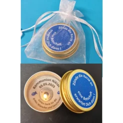 Teelicht Gastgeschenk Kommunion & Konfirmation – personalisierte Danksagung im Aludöschen im Organzabeutel