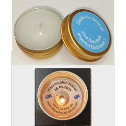 Teelicht Gastgeschenk Kommunion & Konfirmation – personalisierte Danksagung im Aludöschen im Organzabeutel