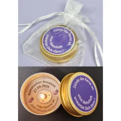 Teelicht Gastgeschenk Kommunion & Konfirmation – personalisierte Danksagung im Aludöschen im Organzabeutel