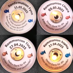 Teelicht Gastgeschenk Kommunion & Konfirmation – personalisierte Danksagung im Aludöschen im Organzabeutel