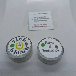 Teelicht mit versteckter Botschaft, "kleines Dankeschön", zum Abschied oder  "viel Glück"