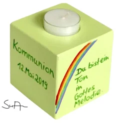 Teelichthalter/Kerzenwürfel/Teelichtwürfel aus Holz "Du bist ein Ton in Gottes Melodie" zur Taufe/Kommunion/Konfirmation