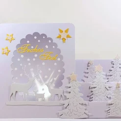 Teelichtkarte versandfertig Weiße Aufstell-Weihnachtskarte Winterwald mit Hirschfamilie