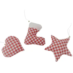 3-teiliges Baumschmuck aus Herz, Stern und Stiefel in rot kariert