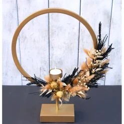 Tisch Gesteck Trockenblumendeko Ringgesteck Tischloop Kreisgesteck goldfarbig schwarz