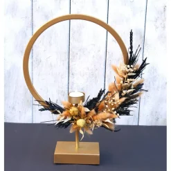 Tisch Gesteck Trockenblumendeko Ringgesteck Tischloop Kreisgesteck goldfarbig schwarz