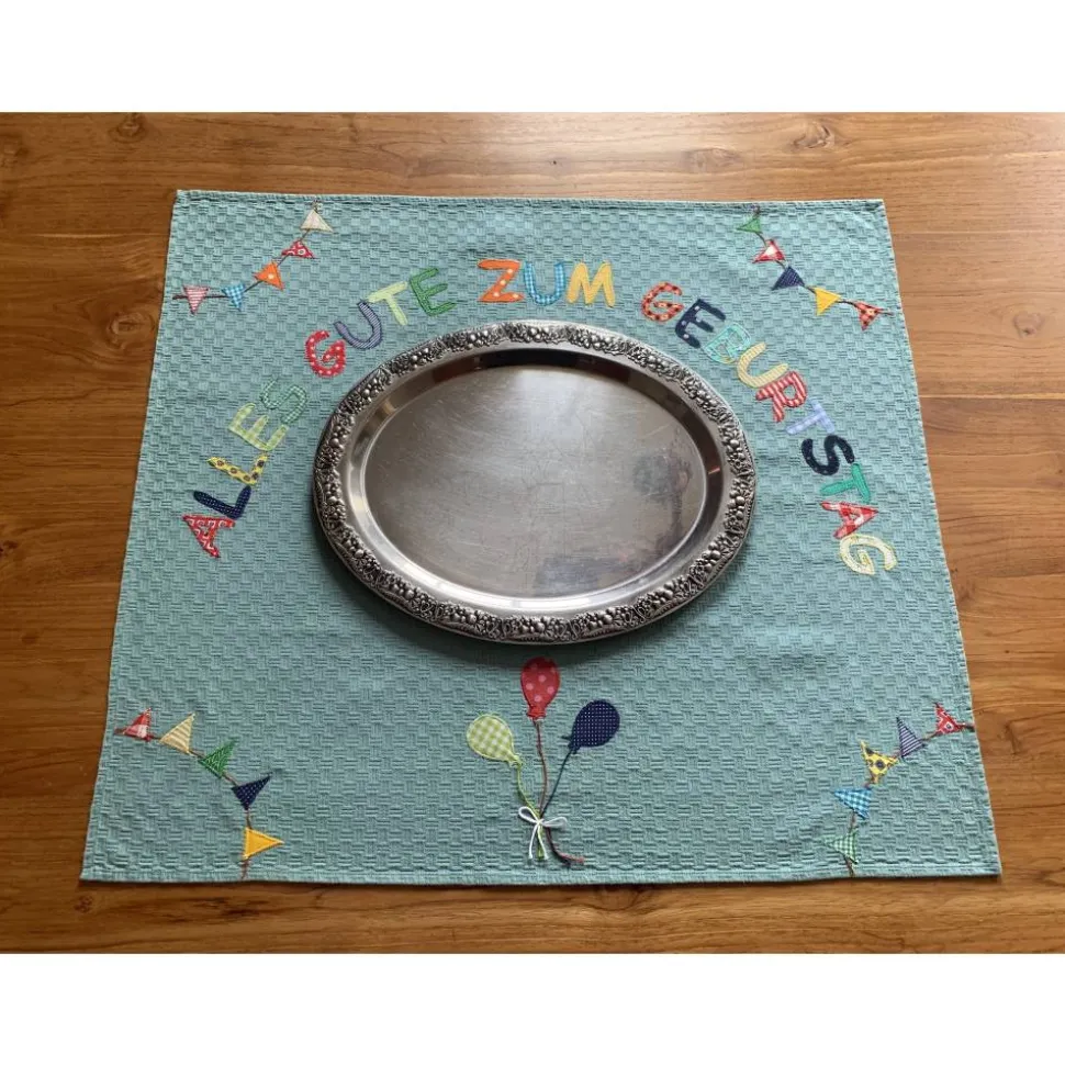Tischdecke, Geburtstag, Tischläufer, Geburtstagsdeko, benäht, Applikationen, Luftballons, Wimpel, Baumwolle, 77x69 cm