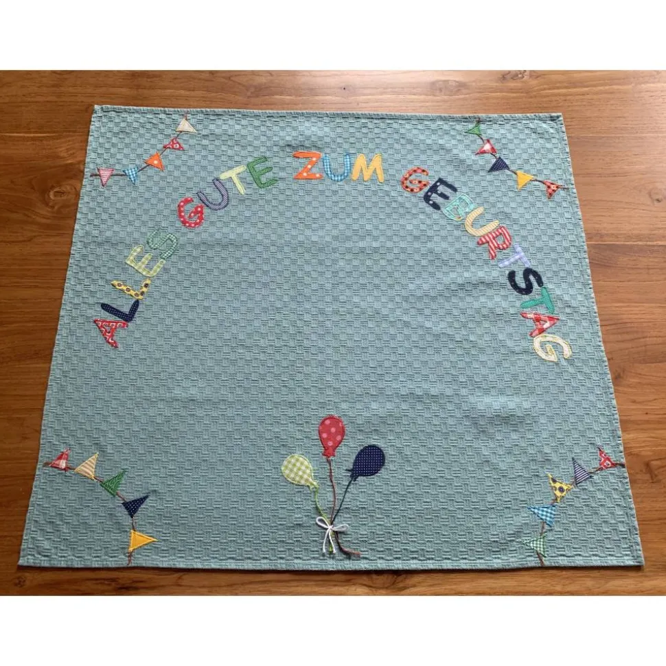 Tischdecke, Geburtstag, Tischläufer, Geburtstagsdeko, benäht, Applikationen, Luftballons, Wimpel, Baumwolle, 77x69 cm