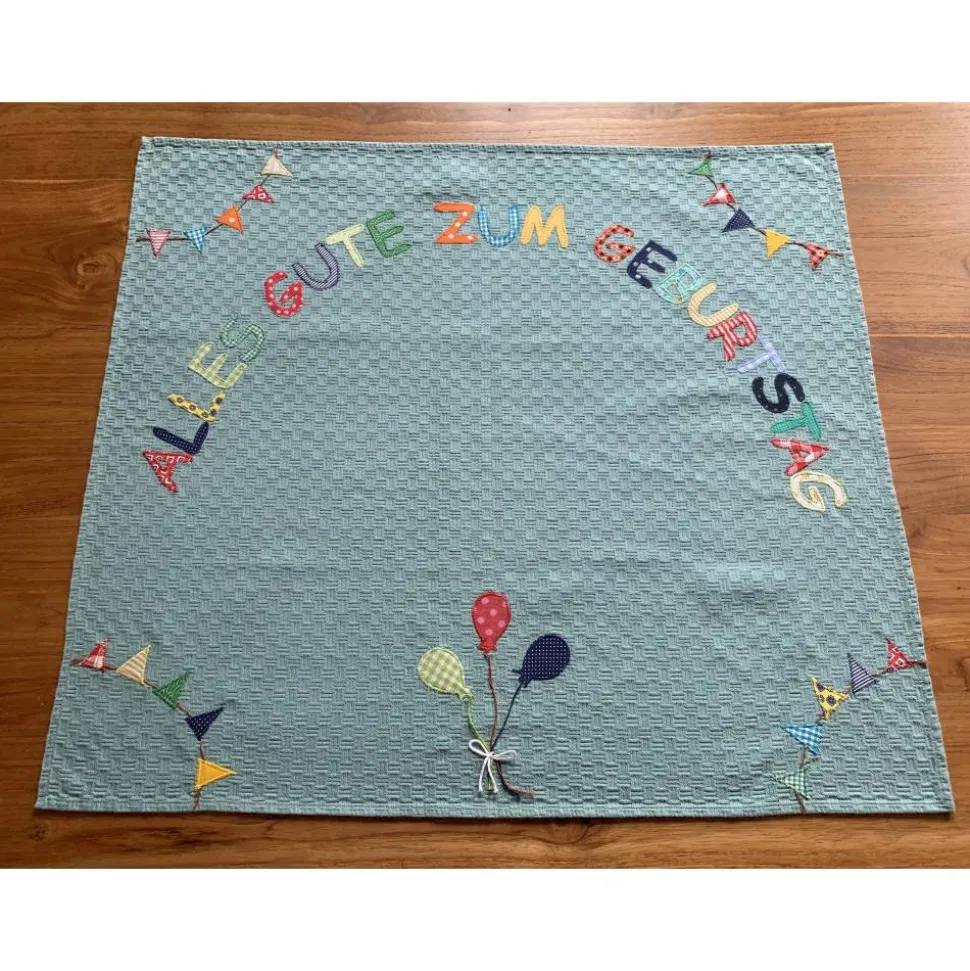 Tischdecke, Geburtstag, Tischläufer, Geburtstagsdeko, benäht, Applikationen, Luftballons, Wimpel, Baumwolle, 77x69 cm