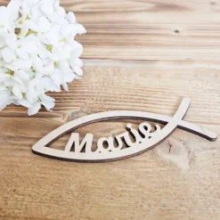 Tischdeko aus Holz, 10er Set, Fisch mit Name, Streuartikel zur Kommunion, Konfirmation, Taufe oder Geburt