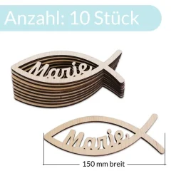 Tischdeko aus Holz, 10er Set, Fisch mit Name, Streuartikel zur Kommunion, Konfirmation, Taufe oder Geburt