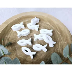 Tischdekoration Fische weiß, 10 Stück im Set, Kommunion, Taufe, Gastgeschenk