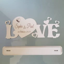 Tischdekoration Hochzeit mit Gravur Name und Datum  Holddeko Aufsteller weiß Geschenk Brautgeschenk  Deko