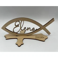 Tischdekoration  zur Konfirmation aus Holz, Taufdeko , Fisch mit Wunschname inkl. Gravur aus Holz, Kommunion, Taufe, Jug