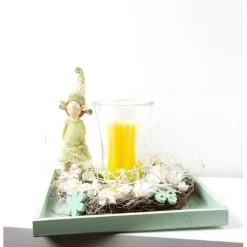 Tischgesteck in grün, mit Windlicht und Kerze, Blumen Elf, Frühlingsdeko,