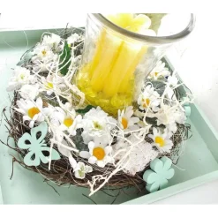 Tischgesteck in grün, mit Windlicht und Kerze, Blumen Elf, Frühlingsdeko,