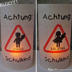 Tischlicht Lichthülle Einschulung Schulanfang "Achtung" für Mädchen oder Jungen