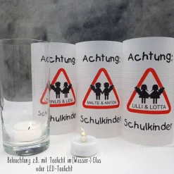 Tischlicht Lichthülle Einschulung Schulanfang "Achtung" für Zwillinge